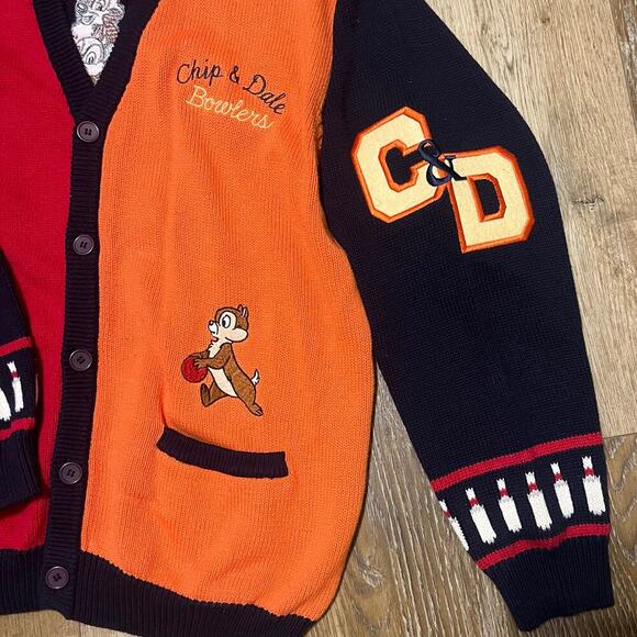 Vtg Disney Catalog Varsity Patched Knit Cardigan Sweater Chip & Dale Bowling Lg - Picture 2 of 11